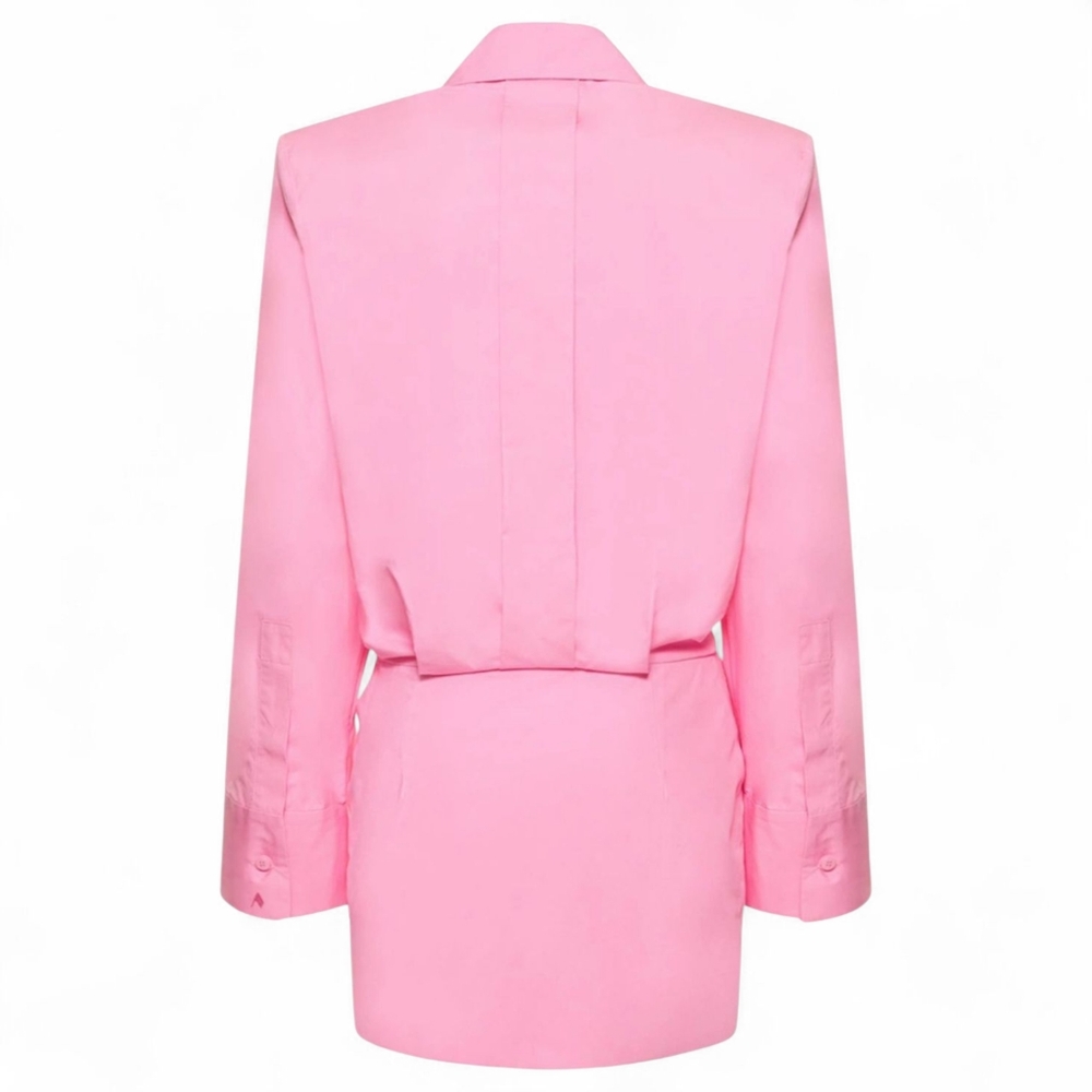 THE ATTICO Italy Margot Neon Pink Mini Shirt Dress Pleat Long Sleeves Cotton 42 - Picture 7 of 12
